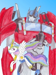 Size: 775x1032 | Tagged: safe, princess celestia, g4, optilestia, optimus prime, transformers, transformers prime