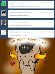 Size: 500x667 | Tagged: safe, artist:asktavrospony, pony, blushing, brown background, bull horns, c:, cute, diabetes, heart, homestuck, horns, ponified, simple background, smiling, solo, species swap, tavros nitram