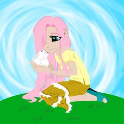 Size: 894x894 | Tagged: dead source, safe, artist:linaprime, angel bunny, fluttershy, g4, clothes, hippie, humanized, skirt