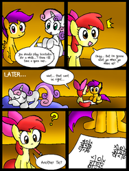 Size: 603x800 | Tagged: safe, artist:neoncabaret, apple bloom, scootaloo, sweetie belle, earth pony, pegasus, pony, unicorn, comic:apple bites, g4, comic, cutie mark crusaders, female, filly, sleeping, tic tac toe