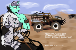 Size: 1010x670 | Tagged: safe, artist:ragingsemi, zecora, zebra, g4, 30 minute art challenge, aunty entity, crossover, mad max, mad max beyond thunderdome