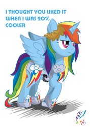 Size: 1024x1448 | Tagged: safe, artist:teammagix, rainbow dash, alicorn, pony, g4, alicornified, annoyed, female, race swap, rainbowcorn, solo