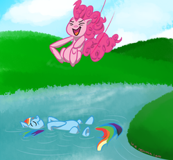 Size: 2000x1845 | Tagged: safe, artist:eggsammich, pinkie pie, rainbow dash, g4, cannonball, floating, on back, smiling, swimming, this will end in tears, underhoof, water