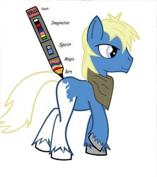 Size: 900x1012 | Tagged: safe, artist:shakamu, rio azul, earth pony, pony, g1, g4, born, clothes, colors, cute, death, g1 to g4, generation leap, imagination, magic, magic pencil, male, rainbow, scarf, simple background, smiling, spirit, stallion, unshorn fetlocks, walking, white background