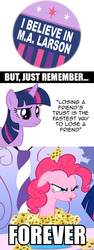 Size: 355x942 | Tagged: safe, pinkie pie, twilight sparkle, g4, alicorn drama, button, forever, i believe in m.a. larson, i believe in x, m.a. larson