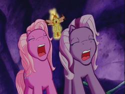 Size: 640x480 | Tagged: safe, screencap, pinkie pie (g3), wysteria, zipzee, breezie, earth pony, pony, g3, the princess promenade, cave, duo, eyes closed, female, mare, no neck, open mouth, screaming, vine