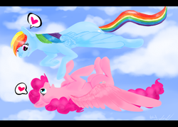 Size: 700x500 | Tagged: safe, artist:coco214, pinkie pie, rainbow dash, g4, female, flying, lesbian, ship:pinkiedash, shipping