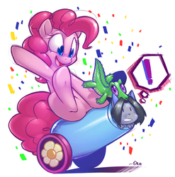 Size: 676x684 | Tagged: safe, artist:0r0ch1, gummy, pinkie pie, oc, alligator, earth pony, pony, g4, furseiseki, party cannon, taski, underhoof