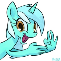Size: 504x504 | Tagged: safe, artist:yikomega, lyra heartstrings, pony, g4, female, hand, looking at you, open mouth, silly, silly pony, simple background, smiling, solo, suddenly hands, thumb trick, white background