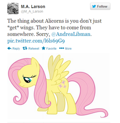 Size: 510x521 | Tagged: safe, fluttershy, g4, m.a. larson, text, twitter