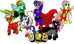 Size: 1024x609 | Tagged: safe, applejack, fluttershy, pinkie pie, rainbow dash, rarity, twilight sparkle, earth pony, pegasus, pony, unicorn, g4, batman, dc comics, flutterbatman, green lantern, justice league, male, mane six, simple background, superhero, superman, the flash, transparent background, wonder woman