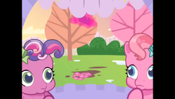 Size: 1280x720 | Tagged: safe, screencap, cheerilee (g3), pinkie pie (g3), pony, g3, g4, newborn cuties, once upon a my little pony time, over two rainbows, animation error, baby, baby pony, clothes, letterboxing, scarf