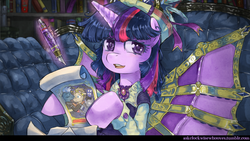 Size: 1280x720 | Tagged: safe, artist:saturnspace, doctor whooves, star hunter, time turner, twilight sparkle, pony, ask discorded whooves, clockwise whooves, g4, clothes, discorded whooves, fountain pen, jack harkness, palindrome get, steampunk