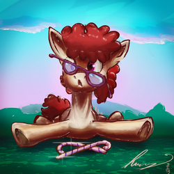 Size: 1600x1600 | Tagged: safe, artist:alumx, twist, earth pony, pony, g4, :o, crooked glasses, cutie mark accessory, description at source, dishevelled, female, filly, foal, glasses, looking at you, lying down, open mouth, prone, scenery, solo, underhoof