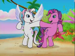 Size: 640x480 | Tagged: safe, screencap, skywishes, star catcher, earth pony, pegasus, pony, friends are never far away, g3, butterfly island, duo, duo female, female, high five, hoofbump, mare