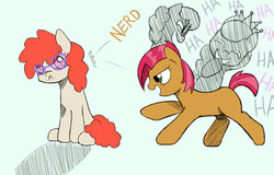 Size: 1024x654 | Tagged: safe, artist:melynxe, babs seed, diamond tiara, silver spoon, twist, g4, bullying, crying, glasses