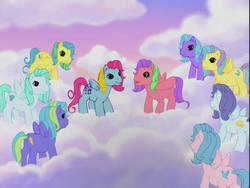 Size: 640x480 | Tagged: safe, screencap, bubble balloon, coconut grove, island delight, lyra shine, scoop smile, skip and along, splash and down, splish splash, thistle whistle, cloud pony, pegasus, pony, friends are never far away, g3, background pony, bubbles pony, cloud, cloudy