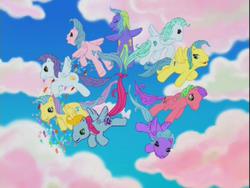 Size: 640x480 | Tagged: safe, screencap, bubble balloon, coconut grove, island delight, lyra shine, scoop smile, skip and along, splash and down, splish splash, thistle whistle, butterfly, cloud pony, pegasus, pony, friends are never far away, g3, background pony, bubbles pony, cloud, cloudy, intertwined tails, pegasus promise, tail