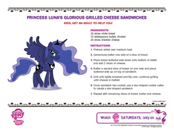 Size: 1209x934 | Tagged: safe, princess luna, alicorn, pony, g4, official, cheese, female, food, glorious, glorious grilled cheese, grilled cheese, hub logo, hubble, instructions, meme origin, recipe, sandwich, simple background, solo, text, the hub