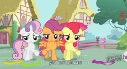 Size: 649x351 | Tagged: safe, edit, screencap, apple bloom, scootaloo, sweetie belle, earth pony, pegasus, pony, unicorn, g4, cutie mark crusaders, female, filly, sad, text, trio, youtube caption