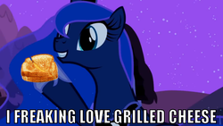 Size: 601x338 | Tagged: safe, edit, edited screencap, screencap, princess luna, pony, g4, luna eclipsed, female, glorious grilled cheese, grilled cheese, image macro, sandwich, solo