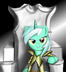 Size: 1021x1116 | Tagged: safe, artist:easteu, lyra heartstrings, pony, unicorn, g4, clothes, female, looking at you, mare, sitting, smiling, solo, throne