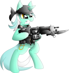 Size: 1325x1400 | Tagged: safe, artist:xeroseis, lyra heartstrings, pony, unicorn, g4, badass, bipedal, crossover, female, gears of war, gun, solo, weapon