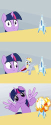 Size: 575x1412 | Tagged: safe, derpy hooves, twilight sparkle, alicorn, pony, g4, alicorn drama, chocolate milk, comic, crystal empire, derpygate, digit street, exploitable meme, explosion, get, index get, looking at you, meme, parody, shrug, shrugpony, spilled milk, twilight sparkle (alicorn)