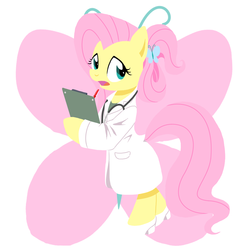 Size: 1000x1000 | Tagged: safe, artist:30clock, fluttershy, pony, g4, alternate hairstyle, bipedal, clipboard, doctor, doctor fluttershy, female, pixiv, solo, stethoscope