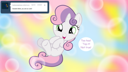 Size: 1280x720 | Tagged: dead source, safe, artist:jan, sweetie belle, pony, unicorn, ask the crusaders, g4, cute, diasweetes, female, filly, giggling, on back, show accurate, tumblr, weapons-grade cute