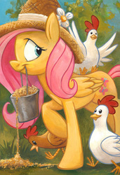 Size: 559x818 | Tagged: safe, artist:kenket, artist:spainfischer, fluttershy, chicken, pony, g4, bucket, corn, hat