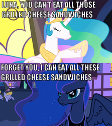 Size: 640x719 | Tagged: safe, edit, edited screencap, screencap, princess celestia, princess luna, apple.mov, g4, luna eclipsed, comic, fuck you i can eat all these apples, glorious grilled cheese, grilled cheese