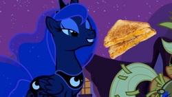 Size: 667x375 | Tagged: safe, edit, edited screencap, screencap, princess luna, g4, luna eclipsed, bedroom eyes, clothes, costume, glorious grilled cheese, grilled cheese, nightmare night costume, sandwich, scarecrow, solo focus