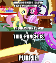 Size: 1136x1280 | Tagged: safe, edit, edited screencap, screencap, fluttershy, pinkie pie, rarity, g4, putting your hoof down, image macro, punch, punch (drink), punch bowl, sugarcube corner