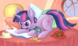 Size: 1024x612 | Tagged: safe, artist:pearlie-pie, smarty pants, twilight sparkle, g4, bed, book, candy, chocolate, coffee, cookie, golden oaks library, pillow, reading