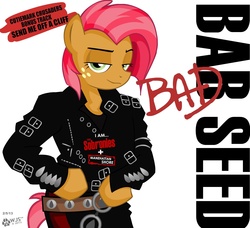 Size: 1307x1194 | Tagged: safe, artist:wolfjedisamuel, babs seed, anthro, g4, belt, buckle, clothes, hoof on hip, jacket, leather jacket, michael jackson, ponified, ponified album cover, simple background, white background