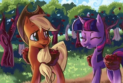 Size: 2200x1500 | Tagged: safe, artist:my-magic-dream, applejack, twilight sparkle, g4, apple, applebucking, sweet apple acres