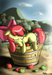 Size: 2000x2850 | Tagged: safe, artist:neko-me, apple bloom, earth pony, pony, g4, adorabloom, apple, apple tree, bucket, cute, female, filly, sleeping, solo, tree