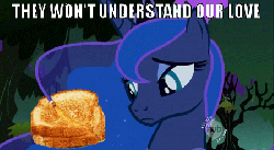 Size: 450x247 | Tagged: safe, edit, edited screencap, screencap, princess luna, pony, g4, luna eclipsed, animated, blinking, female, food, glorious grilled cheese, grilled cheese, hub logo, image macro, sandwich, solo