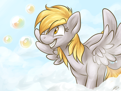 Size: 1024x768 | Tagged: safe, artist:fizzy-dog, derpy hooves, pegasus, pony, g4, bubble, cloud, cloudy, female, grin, mare, solo