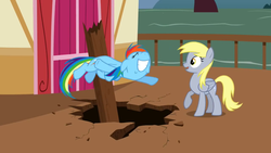 Size: 1136x640 | Tagged: safe, screencap, derpy hooves, rainbow dash, pegasus, pony, g4, the last roundup, female, inverted mouth, mare