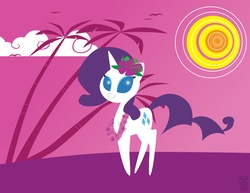 Size: 3300x2550 | Tagged: safe, artist:inspectornills, rarity, pony, g4, female, flower, flower in hair, hawaii, hawaiian, hawaiian flower in hair, lei, palm tree, pointy ponies, solo, sparkly eyes, sun, tree, wingding eyes