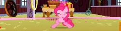 Size: 1136x295 | Tagged: safe, screencap, pinkie pie, g4, party of one, season 1, great moments in animation, ponies are stretchy, stretch, stretchy, taffy leg