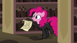 Size: 1136x640 | Tagged: safe, screencap, pinkie pie, earth pony, pony, g4, it's about time, catsuit, dexterous hooves, female, paper, sneaking suit, solo