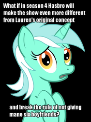 Size: 720x960 | Tagged: safe, lyra heartstrings, pony, unicorn, g4, black background, conspiracy lyra, exploitable meme, looking at you, meme, meta, open mouth, simple background, text