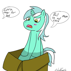 Size: 500x500 | Tagged: safe, artist:noah garcia, lyra heartstrings, pony, unicorn, g4, blushing, box, dialogue, filly, solo