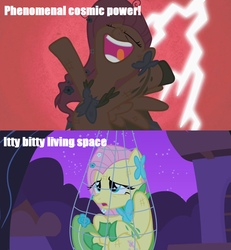 Size: 1266x1372 | Tagged: safe, edit, edited screencap, screencap, fluttershy, pony, g4, the best night ever, aladdin, bipedal, dramatic lighting, female, genie (aladdin), image macro, lightning, movie quote, net, outstretched arms, quote, scratches, solo, spread wings, wings