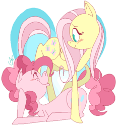 Size: 489x522 | Tagged: safe, artist:stevetwisp, fluttershy, pinkie pie, earth pony, pegasus, pony, g4, blushing, eyes closed, female, lesbian, lying down, mare, ship:flutterpie, shipping, simple background, smiling, white background