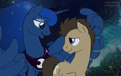 Size: 600x375 | Tagged: safe, artist:haretrinity, doctor whooves, princess luna, time turner, g4, duo