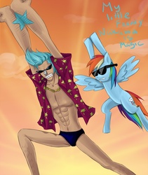 Size: 1712x2024 | Tagged: safe, artist:insanitylittlered, rainbow dash, human, pegasus, pony, g4, crossover, duo, female, franky, human and pony, male, mare, one piece, sunglasses